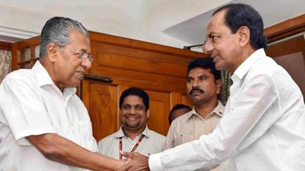 Telangana chief minister K. Chandrashekar Rao meets his Kerala counterpart Pinarayi Vijayan, at the latter's residence, in Thiruvananthapuram, Monday, May 6, 2019. (PTI file photo) Telangana chief minister K. Chandrashekar Rao meets his Kerala counterpart Pinarayi Vijayan, at the latter's residence, in Thiruvananthapuram, Monday, May 6, 2019. (PTI file photo)