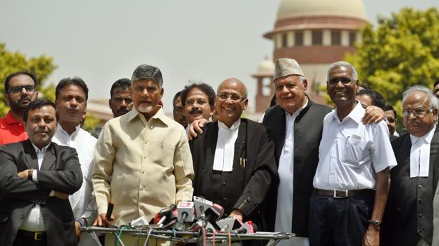 Chief Minister of Andhra Pradesh N Chandrababu Naidu, Chairman of National Conference Farooq Abdullah, Communist Party of India leader D Raja with other opposition leaders speak to the media regarding their review petition to seek the verification of EVMs and VVPAT machines, outside Supreme Court. In a hearing that lasted barely a minute, Chief Justice Ranjan Gogoi said, “We will not review our order.” (Amal KS / HT Photo) Chief Minister of Andhra Pradesh N Chandrababu Naidu, Chairman of National Conference Farooq Abdullah, Communist Party of India leader D Raja with other opposition leaders speak to the media regarding their review petition to seek the verification of EVMs and VVPAT machines, outside Supreme Court. In a hearing that lasted barely a minute, Chief Justice Ranjan Gogoi said, “We will not review our order.” (Amal KS / HT Photo)