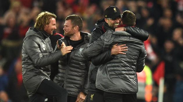 Liverpool's German manager Jurgen Klopp celebrates after winning the UEFA Champions league semi-final second leg football match between Liverpool and Barcelona at Anfield in Liverpool, north west England on May 7, 2019.(AFP)