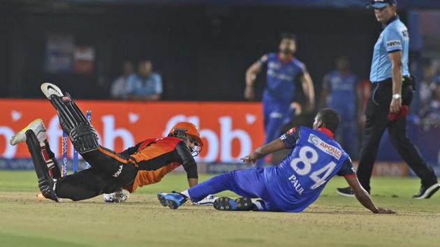 Deepak Hooda, left, of Sunrisers Hyderabad unsuccessfully attempts to avoid a run out.(AP)