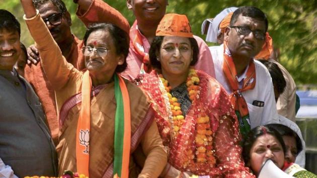 Bharatiya Janata Party (BJP) parliamentary candidates from Allahabad, Rita Bahuguna Joshi and Phulpur constituency Kesari Devi Patel, during a roadshow ahead of their nomination filing for Lok Sabha elections, in Prayagraj (Allahabad), Monday, April 22, 2019.(PTI)