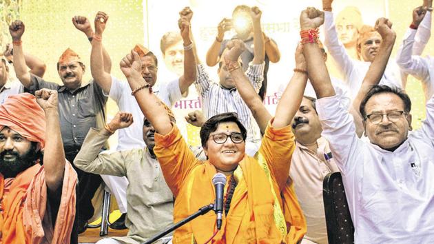 The Pragya Thakur vs Digvijaya Singh battle will be seen as one between a victim of a politically motivated investigation and a person who coined the term Hindu terror(PTI)