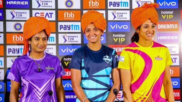 Jaipur: Velocity team captain Mithali Raj , Supernovas team captain Harmanpreet Kaur and Trailblazers team captain Smriti Mandhana address media personnel, ahead of the Women T20 Challenge matches, in Jaipur, Saturday, May 4, 2019(PTI)