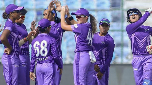 Velocity players celebrate the dismissal of a Trailblazers' batsman. (PTI)