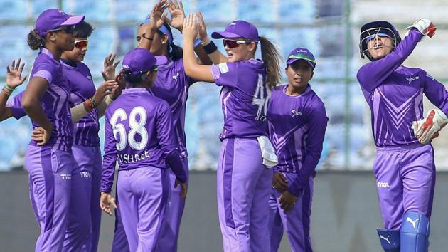 Velocity players celebrate the dismissal of a Trailblazers' batsman during the Women's T20 Challenge 2019.(PTI)