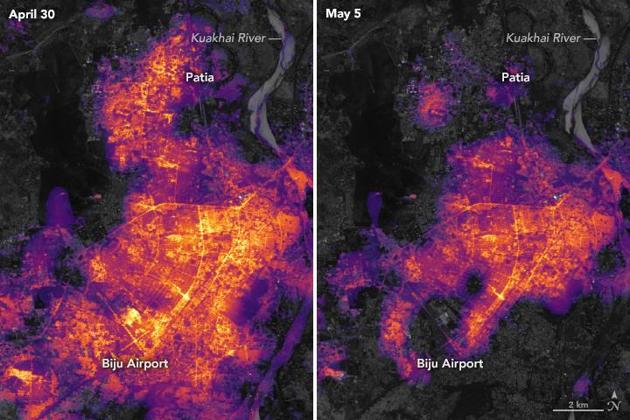 The images show city lighting on April 30 (before cyclone Fani) and on May 5, 2019, two days after Fani made landfall.(NASA Earth/Twitter)