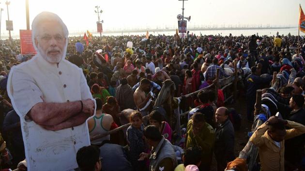 Organised for the national and international audience with an unprecedented global branding, <span class='webrupee'>₹</span>4200-crore Kumbh extravaganza was actually the beginning of the Bharatiya Janata Party’s (BJP) poll campaign.(HT Photo)