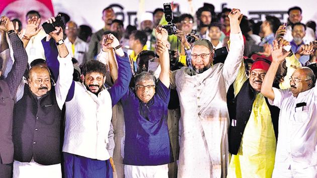 Prakash Ambedkar (centre) with Asaduddin Owaisi (to his left) at a rally in Mumbai on February 23, 2019. (HT FILE) Prakash Ambedkar (centre) with Asaduddin Owaisi (to his left) at a rally in Mumbai on February 23, 2019. (HT FILE)