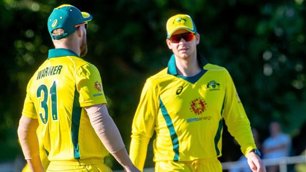 Australia's Steve Smith (R) and Australia's David Warner speak during the second of three warm-up cricket matches between New Zealand and Australia in Brisbane on May 8, 2019(AFP) Australia's Steve Smith (R) and Australia's David Warner speak during the second of three warm-up cricket matches between New Zealand and Australia in Brisbane on May 8, 2019(AFP)