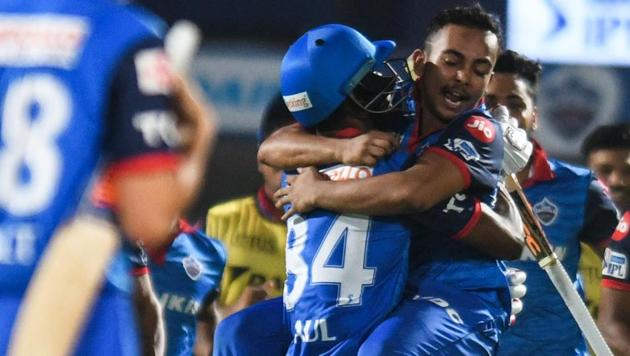 Delhi Capitals cricket team members celebrate after winning the 2019 Indian Premier League (IPL) eliminator Twenty20 cricket match between Sunrisers Hyderabad and Delhi Capitals(AFP)