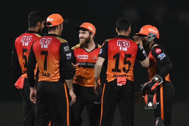 Sunrisers Hyderabad cricket captain Kane Williamson (C) celebrates with teammates for the wicket of Delhi Capitals batsman Shikhar Dhawan (unseen) during the 2019 Indian Premier League (IPL) eliminator between Sunrisers Hyderabad and Delhi Capitals at the Dr. Y.S. Rajasekhara Reddy ACA-VDCA Cricket Stadium in Visakhapatnam (AFP)