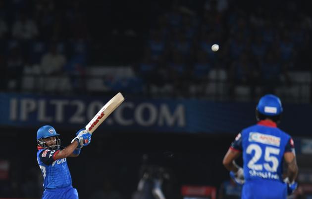 Delhi Capitals cricketer Prithvi Shaw plays a shot during the 2019 Indian Premier League (IPL) eliminator Twenty20 cricket match between Sunrisers Hyderabad and Delhi Capitals at the Dr. Y.S. Rajasekhara Reddy ACA-VDCA Cricket Stadium in Visakhapatnam (AFP)