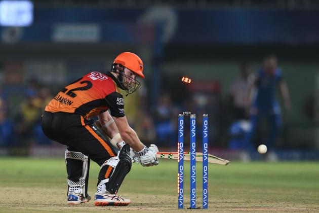 Sunrisers Hyderabad cricket captain Kane Williamson is bowled out during the 2019 Indian Premier League (IPL) eliminator Twenty20 cricket match between Sunrisers Hyderabad and Delhi Capitals at the Dr. Y.S. Rajasekhara Reddy ACA-VDCA Cricket Stadium in Visakhapatnam. (AFP)