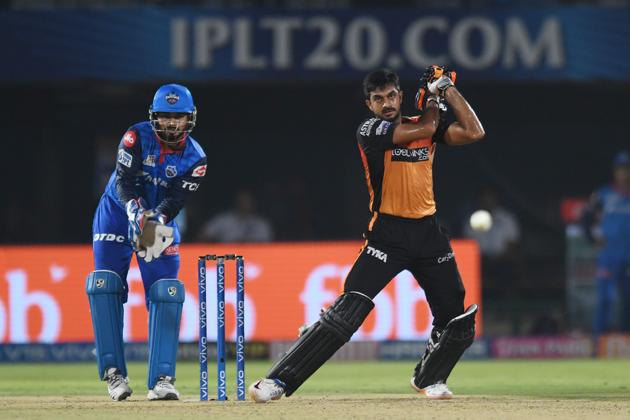 Sunrisers Hyderabad cricketer Vijay Shankar plays a shot during the 2019 Indian Premier League (IPL) eliminator Twenty20 cricket match between Sunrisers Hyderabad and Delhi Capitals at the Dr. Y.S. Rajasekhara Reddy ACA-VDCA Cricket Stadium in Visakhapatnam. (AFP)