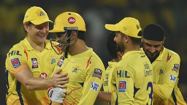 Chennai: Chennai Super Kings (CSK) skipper MS Dhoni with teammates.(PTI)