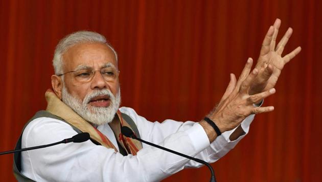 Prime Minister Narendra Modi addresses an election campaing rally in Tezpur on March 30.(PTI)