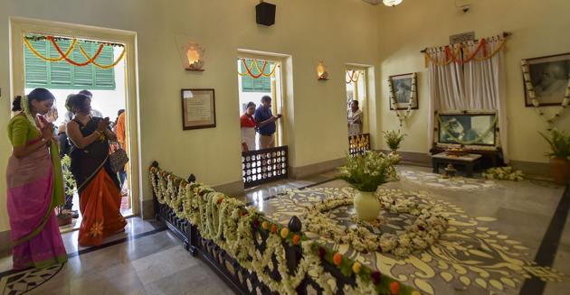 People visit the house of Nobel laureate Rabindranath Tagore on his 158th birth anniversary, at Jorasanko Thakur Bari in Kolkata. (Ashok Bhaumik / PTI) People visit the house of Nobel laureate Rabindranath Tagore on his 158th birth anniversary, at Jorasanko Thakur Bari in Kolkata. (Ashok Bhaumik / PTI)