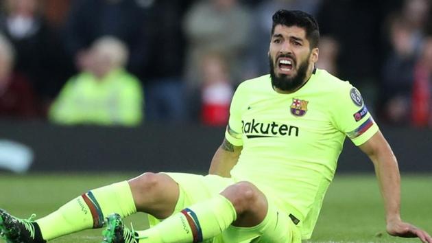 Barcelona's Luis Suarez reacts in the Champions League semi final 92nd leg) against Liverpool.(Action Images via Reuters)