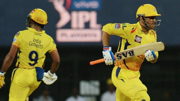 Chennai Super Kings cricketers Mahendra Singh Dhoni (R) and Ambati Rayud run between wickets during the 2019 Indian Premier League (IPL) first qualifier Twenty20 cricket match between Chennai Super Kings and Mumbai Indians at the M.A. Chidambaram Stadium in Chennai on May 7, 2019.(AFP)