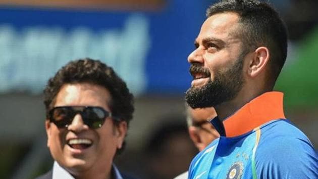 Mumbai: Indian batsman Virat Kohli and former cricketer Sachin Tendulkar before the 4th ODI cricket match between India and West Indies at Brabourne Stadium, in Mumbai, Monday, Oct 29, 2018.(PTI)