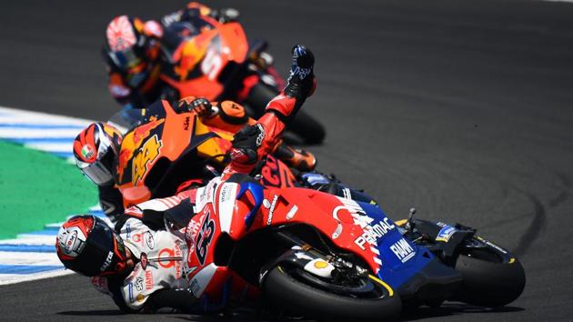 Pramac Racing’s Italian rider Francesco Bagnaia falls down during the MotoGP race of the Spanish Grand Prix at the Jerez - Angel Nieto circuit in Jerez de la Frontera, Spain. (Gabriel Bouys / AFP) Pramac Racing’s Italian rider Francesco Bagnaia falls down during the MotoGP race of the Spanish Grand Prix at the Jerez - Angel Nieto circuit in Jerez de la Frontera, Spain. (Gabriel Bouys / AFP)