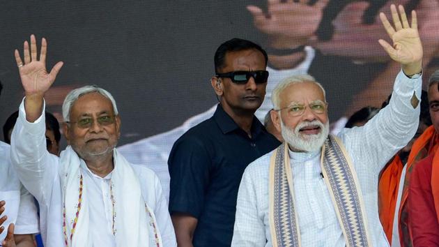 Chief minister Nitish Kumar on Friday blended nationalism and economics in his election meeting, saying, “Under [Narendra] Modiji, India has acted strongly against terror and the government has undertaken the task of all-pervasive development.”(PTI)