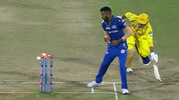 Screengrab of video showing the run out of MS Dhoni in the IPL final against Mumbai Indians at Hyderabad.(IPLT20)