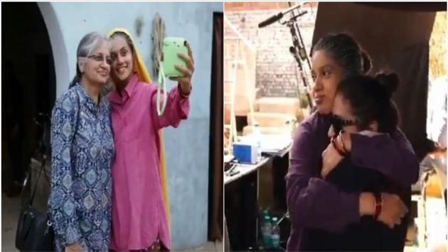 Taapsee Pannu and Bhumi Pednekar with their mothers on Saand Ki Aankh sets.