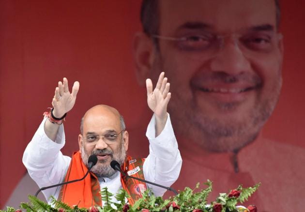 BJP chief Amit Shah addresses the public during an election campaign rally, in Arrah on Saturday.(ANI photo)