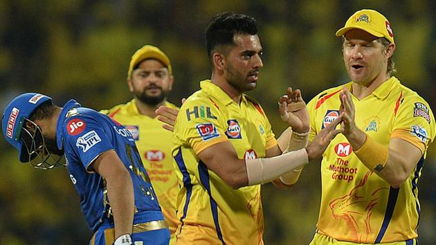 Chennai Super Kings cricketer Deepak Chahar(C) and Shane Watson celebrates a wicket of Mumbai Indians cricket captain Rohit Sharma (L) (AFP) Chennai Super Kings cricketer Deepak Chahar(C) and Shane Watson celebrates a wicket of Mumbai Indians cricket captain Rohit Sharma (L) (AFP)