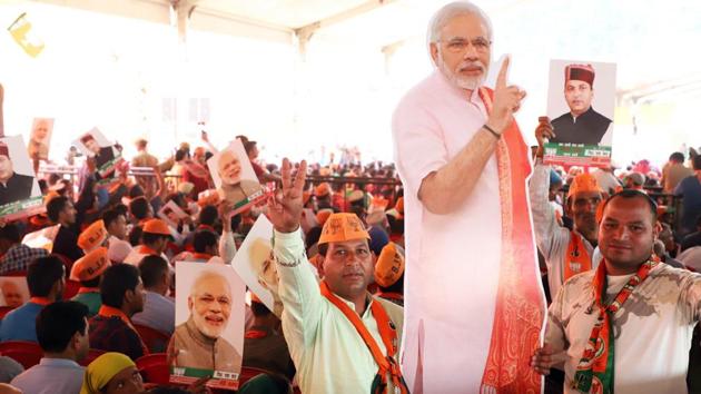 BJP  supporters seen during an election rally of  Prime Minister Narender Modi, at Paddal Ground, in Mandi, Himachal Pradesh, on Friday, May 10, 2019. (Birbal Sharma / HT Photo)