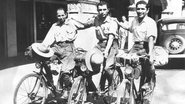Left to Right: Kaikee Kharas, Rutton Shroff and Rustam Ghandhi in Miami, Florida, 1938. Cycling around the world, these Indians left Bombay (now Mumbai) in 1933 and expected to complete the circuit of the globe in five years. Kharas, later in Auckland, said, “Travelling should be encouraged, as in that way better understanding would arise among the people of the world.” (Anoop Babani / Savia Viega) 