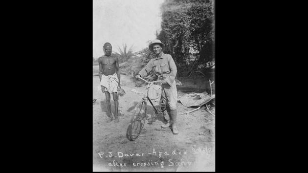 Framroze Davar, a sports journalist on his cycle after crossing the Sahara Desert in 1926. Davar and his cycling partner Gustav Sztavjanik, whom he met in Vienna after 5000 kms of solo travel, rode 1,10,000 kms across 52 countries and five continents between 1924 and 1931. (Anoop Babani / Savia Viega)