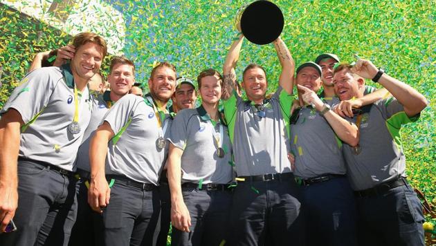 The Australian cricket team pose with the trophy during celebrations after winning the 2015 ICC Cricket World Cup. (Getty Images)