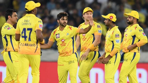 Chennai Super Kings cricketer Shardul Thakur (C) celebrates with teammates after taking the wicket of Mumbai Indians batsman Quinton de Kock. (AFP) Chennai Super Kings cricketer Shardul Thakur (C) celebrates with teammates after taking the wicket of Mumbai Indians batsman Quinton de Kock. (AFP)