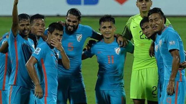 Indian football team captain Sunil Chhetri (C) and teammates celebrate their team's 4-1 victory during the 2019 AFC Asian Cup. (AFP/Getty Images) Indian football team captain Sunil Chhetri (C) and teammates celebrate their team's 4-1 victory during the 2019 AFC Asian Cup. (AFP/Getty Images)