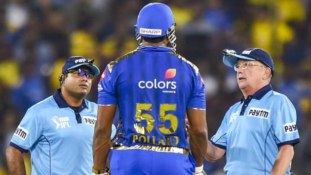 Hyderabad: MI batsman Kieron Pollard speaks with umpires during the Indian Premier League 2019 final cricket match between Chennai Super Kings (CSK) and Mumbai Indians(PTI)