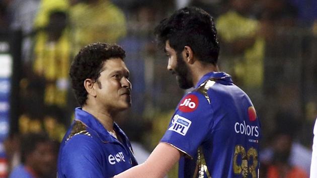 Jasprit Bumrah, right, and Sachin Tendulkar of the Mumbai Indians react, after an IPL match between Chennai Super Kings and Mumbai Indians in Chennai, India, Friday, April 26, 2019.(AP)