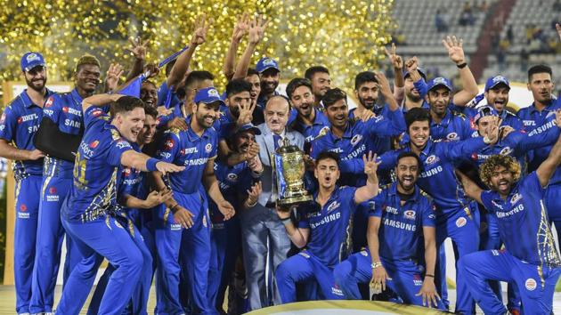 Mumbai Indians players celebrate their victory after the IPL final match against Chennai Super Kings.(Kunal Patil/HT Photo)