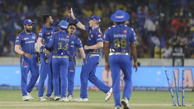 Mumbai Indians Krunal Pandya, second left, celebrates with teammates. (AP) Mumbai Indians Krunal Pandya, second left, celebrates with teammates. (AP)