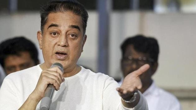 Makkal Needhi Maiyam (MNM) founder Kamal Haasan has stoked a possible controversy, saying free India’s first “terrorist was a Hindu,” referring to Nathuram Godse who killed Mahatma Gandhi.(PTI File Photo)