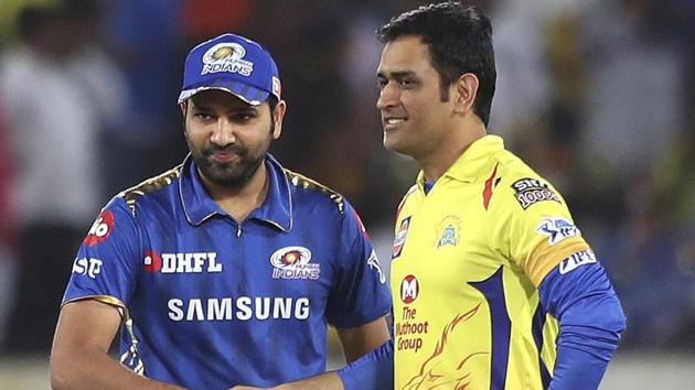 Mumbai Indians captain Rohit Sharma, left and Chennai Super Kings captain Mahendra Singh Dhoni greet each other.(AP)