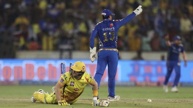 Chennai Super Kings’ Shane Watson, left, falls on the ground after being run-out. (AP) Chennai Super Kings’ Shane Watson, left, falls on the ground after being run-out. (AP)