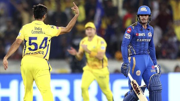 Chennai super Kings bowler Shardul Thakur, left, gestures as he celebrates the wicket of Mumbai Indian's Quinton De Kock, right. (AP) Chennai super Kings bowler Shardul Thakur, left, gestures as he celebrates the wicket of Mumbai Indian's Quinton De Kock, right. (AP)