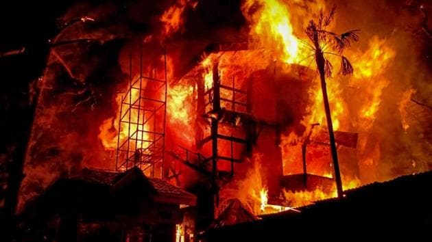 A major portion of the more than a century-old Grand Hotel was destroyed in a fire that broke out late on Monday night in Himachal Pradesh’s Shimla. Three floors of the recently renovated Mayo Block was gutted in the fire, which broke out at the heritage Grand Hotel’s reception at about 12:30am and was doused at around 3am on Tuesday morning. (PTI) A major portion of the more than a century-old Grand Hotel was destroyed in a fire that broke out late on Monday night in Himachal Pradesh’s Shimla. Three floors of the recently renovated Mayo Block was gutted in the fire, which broke out at the heritage Grand Hotel’s reception at about 12:30am and was doused at around 3am on Tuesday morning. (PTI)