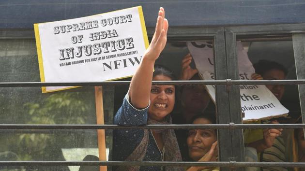 Women raise slogans as they are detained during a protest march to Supreme Court against the clean chit given to Chief Justice of India Ranjan Gogoi in the sexual harassment case. (Vipin Kumar / HT Photo) Women raise slogans as they are detained during a protest march to Supreme Court against the clean chit given to Chief Justice of India Ranjan Gogoi in the sexual harassment case. (Vipin Kumar / HT Photo)