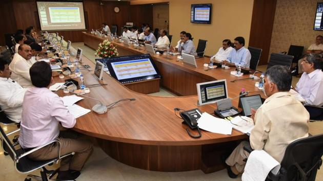 Andhra Pradesh N Chandrababu Naidu at his last cabinet meeting before elections results are declared on May 23.(HT PHOTO)