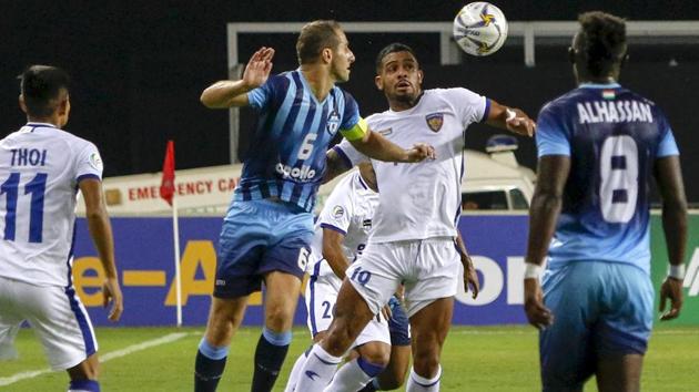 A file photo showing players of Chennaiyin FC and Minerva Punjab F.C in action during the AFC football cup match.(PTI)