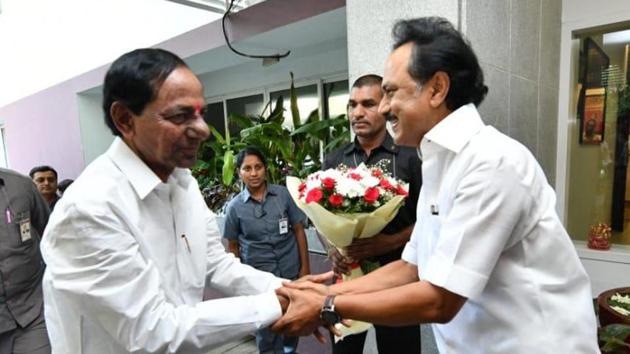 Telangana Rashtra Samithi (TRS) chief and Telangana chief minister K Chandrasekhar Rao on Monday met Dravida Munnetra Kazhagam (DMK) leader MK Stalin.(ANI Photo)