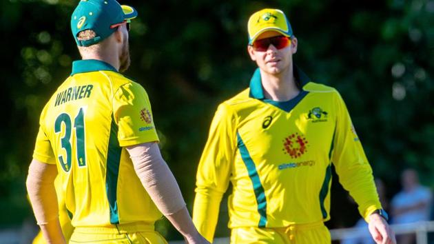 Australia's Steve Smith (R) and Australia's David Warner speak during the second of three warm-up cricket matches. (AFP) Australia's Steve Smith (R) and Australia's David Warner speak during the second of three warm-up cricket matches. (AFP)